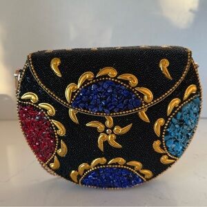 Ramla Black Mosaic Crossbody Bag – Blue, Red & Turquoise Inlay Handcrafted